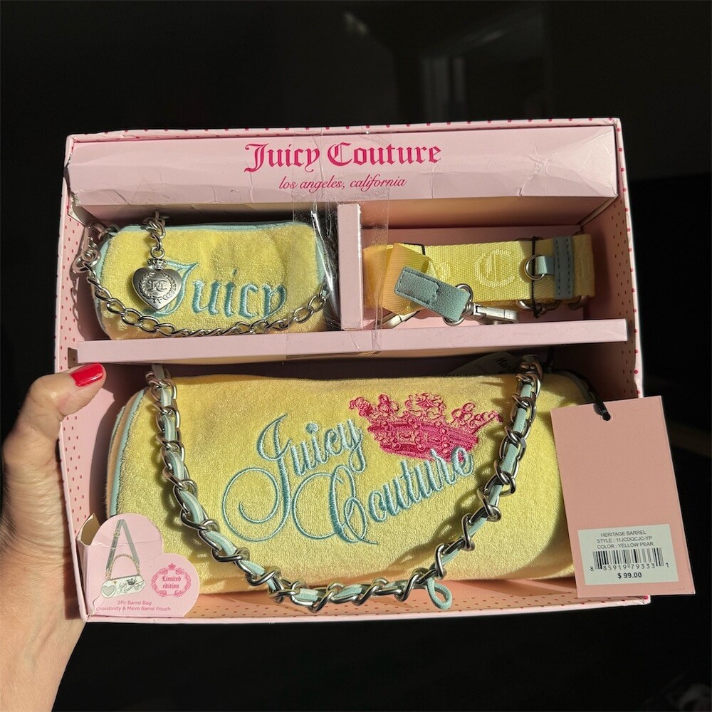 Juicy Couture Barrel Bag Set Womens Small Yellow Pear Crossbody + Pouch